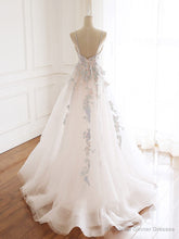 V-neckline Lace Applique Floor Length Party Dress, Charming White Floral Prom Dress